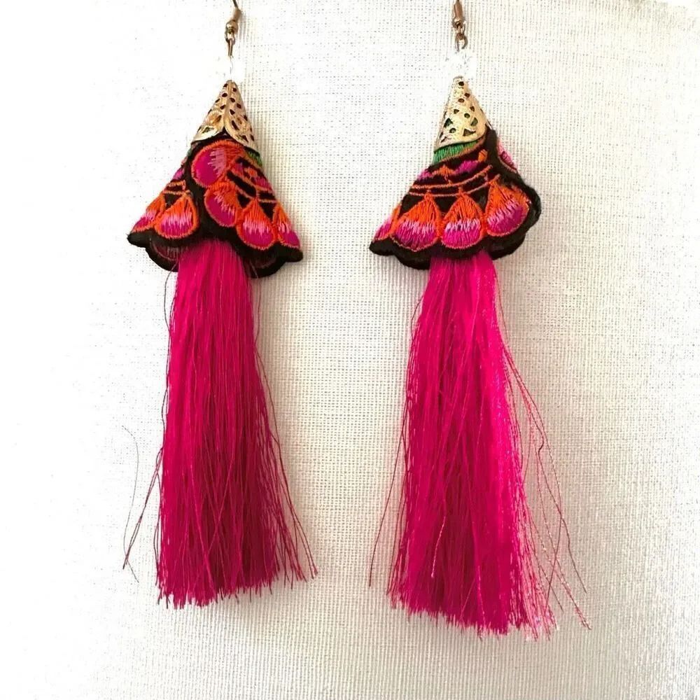 Pink embroidered large tassel earrings